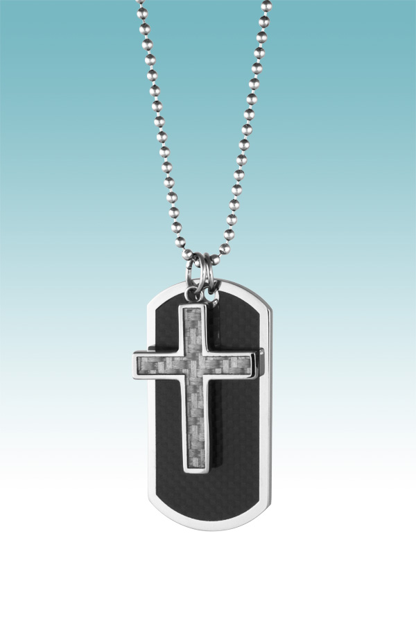 JCX308455: Mens Stainless Steel and Carbon Fiber Dog Tag with Cross and 24'' Ball Chain and Lobster Claw Clasp.