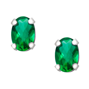 JCX302485: May Birthstone; 6x4 oval simulated checkerboard cut Emerald sterling silver earrings.