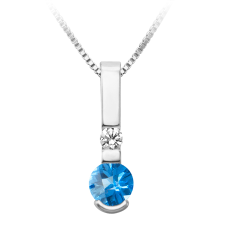 JCX302453: Sterling Silver simulated 5mm round checkerboard cut Blue Zircon ''December Birthstone'' and Cubic Zirconia pendant; furnished with 18'' sterling silver box chain.