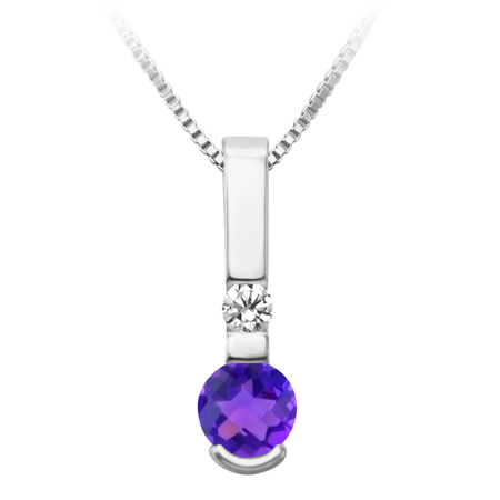 JCX302452: Sterling Silver simulated 5mm round checkerboard cut  Amethyst  ''February Birthstone'' and Cubic Zirconia pendant; furnished with 18'' sterling silver box chain.