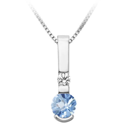 Sterling Silver simulated 5mm round checkerboard cut  Aquamarine ''March Birthstone'' and Cubic Zirconia pendant; furnished with 18'' sterling silver box chain.