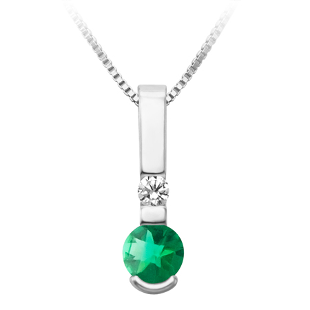JCX302449: Sterling Silver simulated 5mm round checkerboard cut  Emerald ''May Birthstone'' and Cubic Zirconia pendant; furnished with 18'' sterling silver box chain.