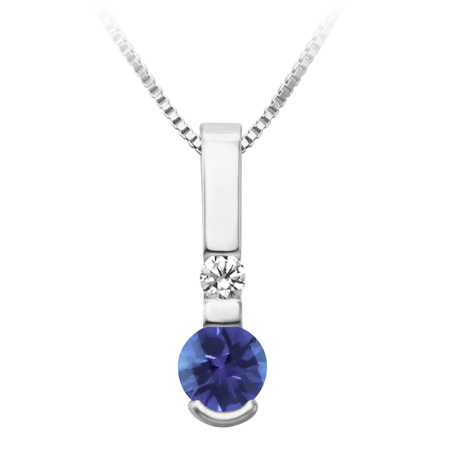 Sterling Silver simulated 5mm round checkerboard cut  Alexandrite ''June Birthstone'' and Cubic Zirconia pendant; furnished with 18'' sterling silver box chain.