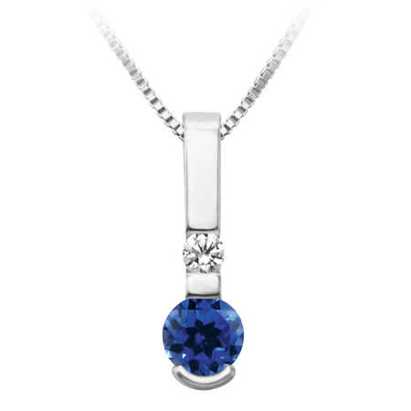 JCX302445: Sterling Silver simulated 5mm round checkerboard cut  blue Sapphire ''September Birthstone'' and Cubic Zirconia pendant; furnished with 18'' sterling silver box chain.