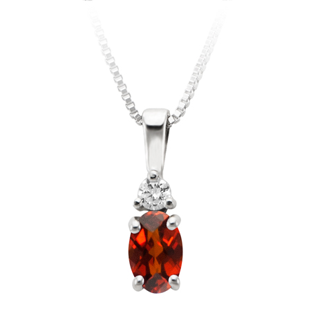 January Birthstone; 6x4 oval simulated checkerboard cut Garnet & 2.7mm round Cubic Zirconia pendant; furnished with 18'' sterling silver box chain.