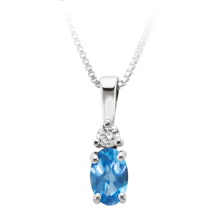 JCX302429: December Birthstone; 6x4 oval simulated checkerboard cut Blue Zircon and 2.7mm round Cubic Zirconia pendant; furnished with 18'' sterling silver box chain.