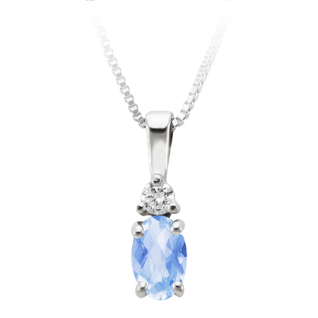 JCX302427: March Birthstone; 6x4 oval simulated checkerboard cut Aquamarine and 2.7mm round Cubic Zirconia pendant; furnished with 18'' sterling silver box chain.