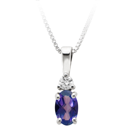 JCX302424: June Birthstone; 6x4 oval simulated checkerboard cut Alexandrite and 2.7mm round Cubic Zirconia pendant; furnished with 18'' sterling silver box chain.