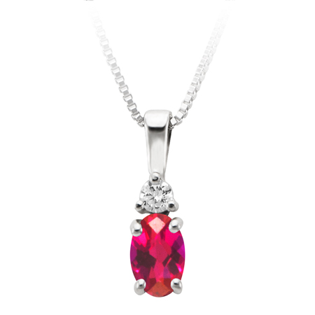 JCX302423: July Birthstone; 6x4 oval simulated checkerboard cut Ruby and 2.7mm round Cubic Zirconia pendant; furnished with 18'' sterling silver box chain.