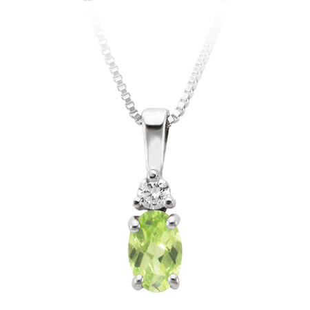 JCX302422: August Birthstone; 6x4 oval simulated checkerboard cut Peridot and 2.7mm round Cubic Zirconia pendant; furnished with 18'' sterling silver box chain.