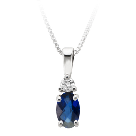 September Birthstone; 6x4 oval simulated checkerboard cut Blue Sapphire and 2.7mm round Cubic Zirconia pendant; furnished with 18'' sterling silver box chain.