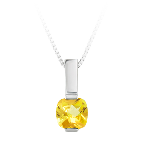 Sterling Silver Pendant with simulated 6x6 cushion checkerboard cut citrine  ''November Birthstone'' with 18'' SS Box Chain.