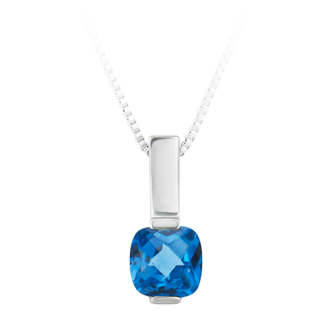 JCX302417: Sterling Silver Pendant with simulated 6x6 cushion checkerboard blue zircon  ''December Birthstone'' with 18'' SS Box Chain.