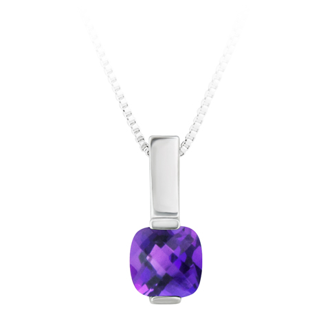 JCX302416: Sterling Silver Pendant with simulated 6x6 cushion checkerboard cut amethyst  ''February Birthstone'' with 18'' SS Box Chain.
