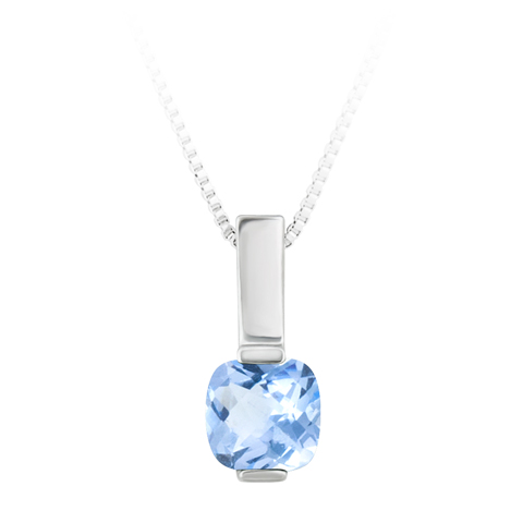Sterling Silver Pendant with simulated 6x6 cushion checkerboard cut aquamarine ''March Birthstone'' with 18'' SS Box Chain