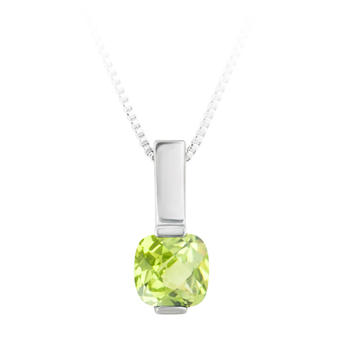 Sterling Silver Pendant with simulated 6x6 cushion checkerboard cut peridot ''August  Birthstone'' with 18'' SS Box Chain.
