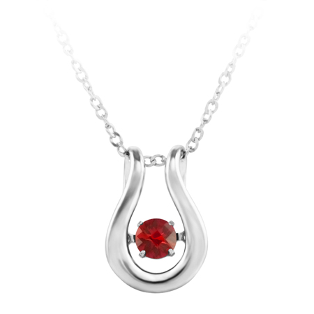 JCX302541:  ''Dancing January Birthstone''; constant twinkling movement  of a synthetic garnet set in sterling silver and furnished with an 18' chain.