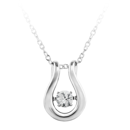 JCX302535:  ''Dancing April Birthstone''; constant twinkling movement of a cubic zirconia set in sterling silver and furnished with an 18'' chain.