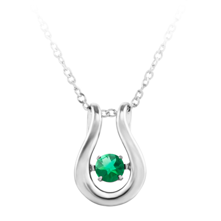 JCX302534: 'Dancing May Birthstone''; constant twinkling movement of a emerald spinel set in sterling silver and furnished with an 18'' chain.
