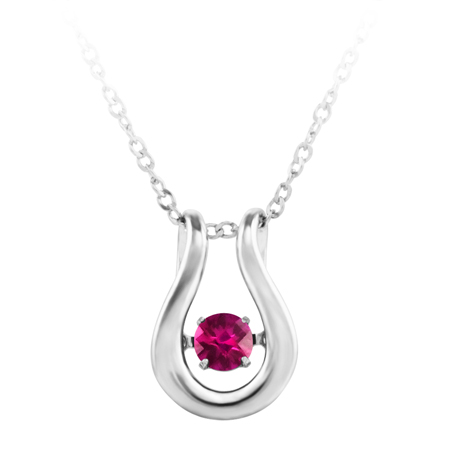 JCX302532:  ''Dancing July Birthstone''; constant twinkling movement of a synthetic ruby set in sterling silver and furnished with an 18'' chain.
