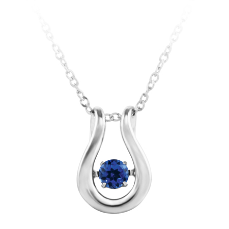 JCX302530:  ''Dancing September Birthstone''; constant twinkling movement of a royal blue sapphire spinel set in sterling silver and furnished with an 18'' chain.
