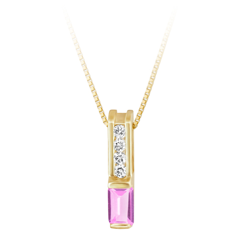 JCX302395: Lab Created Pink Sapphire ''October Birthstone'' and .06cttw Diamond 10kt yellow gold pendant furnished with a 18'' 10kt box chain