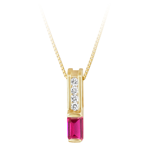 JCX302387: Lab Created Ruby ''July Birthstone'' and .06cttw Diamond 10kt yellow gold pendant furnished with a 18'' 10kt box chain