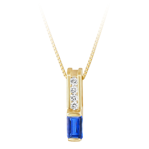 JCX302385: Lab Created Blue Sapphire ''September Birthstone'' and .06cttw Diamond 10kt yellow gold pendant furnished with a 18'' 10kt box chain