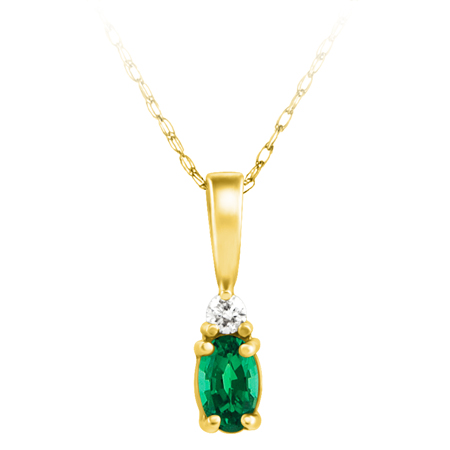 Lab Created Emerald ''May Birthstone'' and .03ct Diamond Pendant set in 14kt yellow gold furnished with 18 inch 14kt rope chain