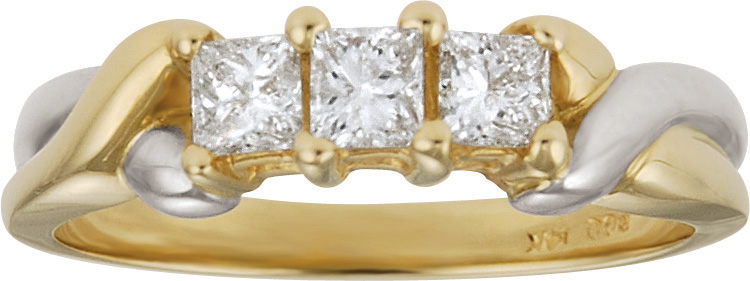 JCX308573: 14kt Two Tone Anniversary Ring; Three Princess Cut Diamonds 1/2cttw Diamond Total Weight.  Also Available in 1.00cttw.