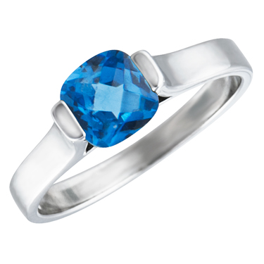 JCX302333: Sterling Silver Ring with simulated 6x6 cushion checkerboard cut  Blue Zircon ''December  Birthstone''