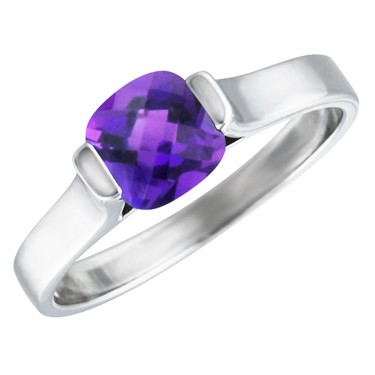 Sterling Silver Ring with simulated 6x6 cushion checkerboard cut  amethyst &#...