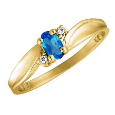 JCX302518: Genuine Blue Topaz 5x3 oval (December birthstone) set in 10kt yellow gold ring with 2 accent diamonds .01cttw
