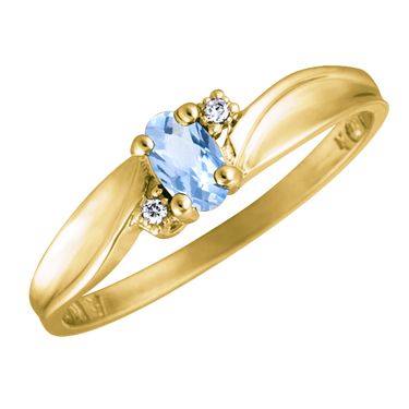 JCX302527: Genuine Aquamarine 5x3 oval (March birthstone) set in 10kt yellow gold ring with 2 accent diamonds .01cttw 
