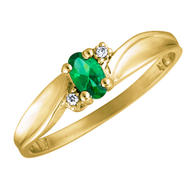Created Emerald 5x3 oval (May birthstone) set in 10kt yellow gold ring with 2...