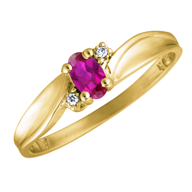 JCX302521: Created Ruby 5x3 oval (July birthstone) set in 10kt yellow gold ring with 2 accent diamonds .01cttw 
