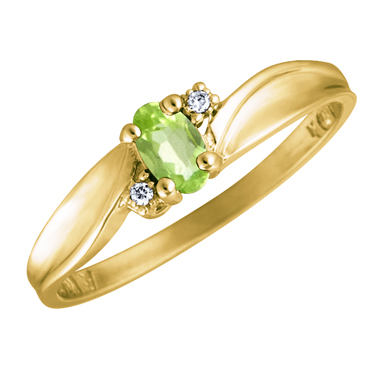 JCX302522: Genuine Peridot 5x3 oval (August birthstone) set in 10kt yellow gold ring with 2 accent diamonds .01cttw 
