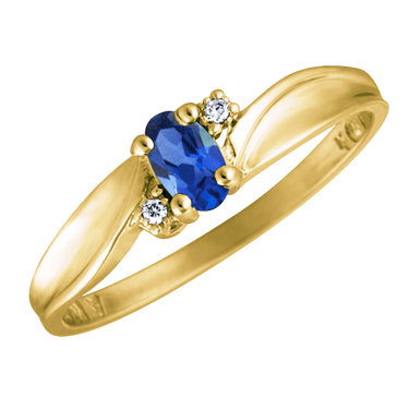 JCX302519: Created Blue Sapphire 5x3 oval (September birthstone) set in 10kt yellow gold ring with 2 accent diamonds .01cttw 

