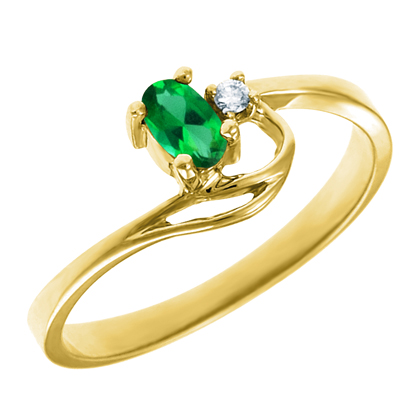 JCX302292: Created Emerald 5x3 oval ( May birthstone) set in 10kt yellow gold ring with .02ct round diamond accent.