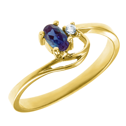 JCX302291: Created Alexandrite 5x3 oval (June birthstone) set in 10kt yellow gold ring with .02ct round diamond accent.