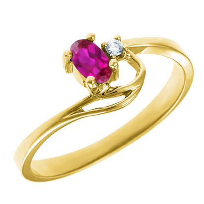 JCX302290: Created Ruby 5x3 oval (July birthstone) set in 10kt yellow gold ring with .02ct round diamond accent.