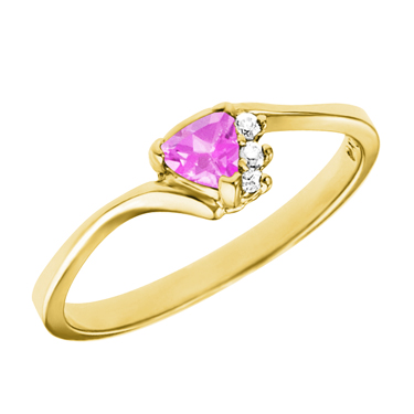Lab Created 4mm Trillion cut pink sapphire ''October Birthstone'' with 3 diamonds set in a 10kt yellow ring.