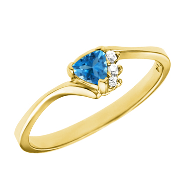 JCX302281: Genuine 4mm Trillion cut blue topaz ''December Birthstone'' with 3 diamonds set in a 10kt yellow ring.