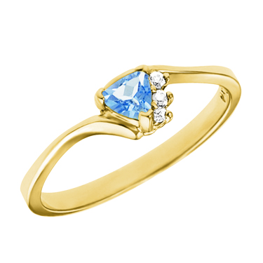 JCX302279: Genuine 4mm Trillion cut aquamarine ''March Birthstone'' with 3 diamonds set in a 10kt yellow ring.