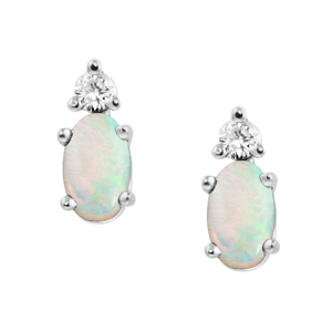 Genuine Opal ''October Birthstone'' and .04cttw Diamond Earrings set in 14kt white gold