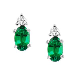 Lab Created Emerald ''May Birthstone'' and .04cttw Diamond Earrings set in 14kt yellow gold