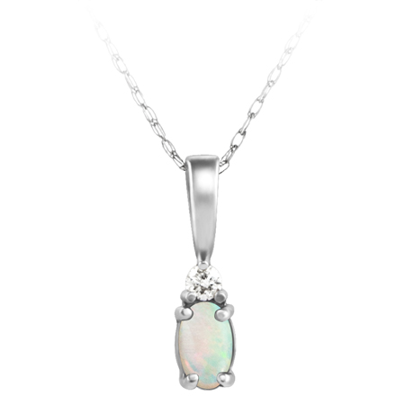 JCX302223: Genuine Opal ''October Birthstone'' and .03ct Diamond Pendant set in 14kt white gold furnished with 18 inch 14kt rope chain