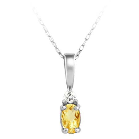 Genuine Citrine ''November  Birthstone'' and .03ct Diamond Pendant set in 14kt white gold furnished with 18 inch 14kt rope chain