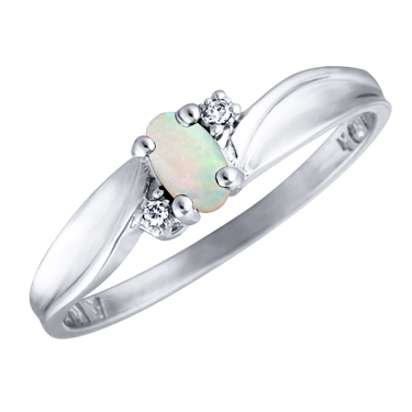 JCX302506: Genuine Opal 5x3 oval (October birthsone) set in 10kt white gold ring with 2 accent diamonds .01cttw 

