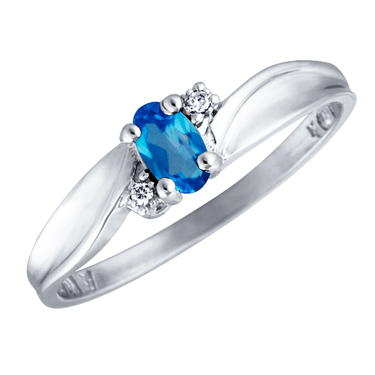 JCX302505: Genuine Blue Topaz 5x3 oval (December birthstone) set in 10kt white gold ring with 2 accent diamonds .01cttw

